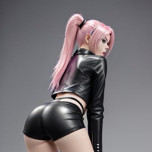 4k, pink hair, lynx woman, beautiful back side of female sle...