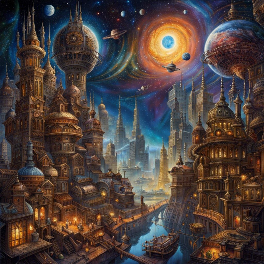 a futuristic steampunk city amongst the glittering stars and radiant ...