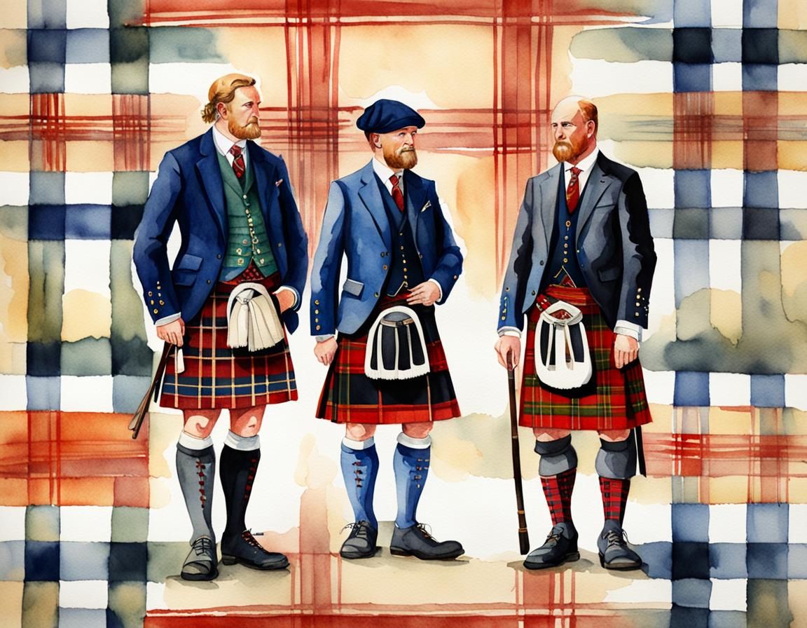 A watercolor painting of two Scottish Clans wearing kilts of...