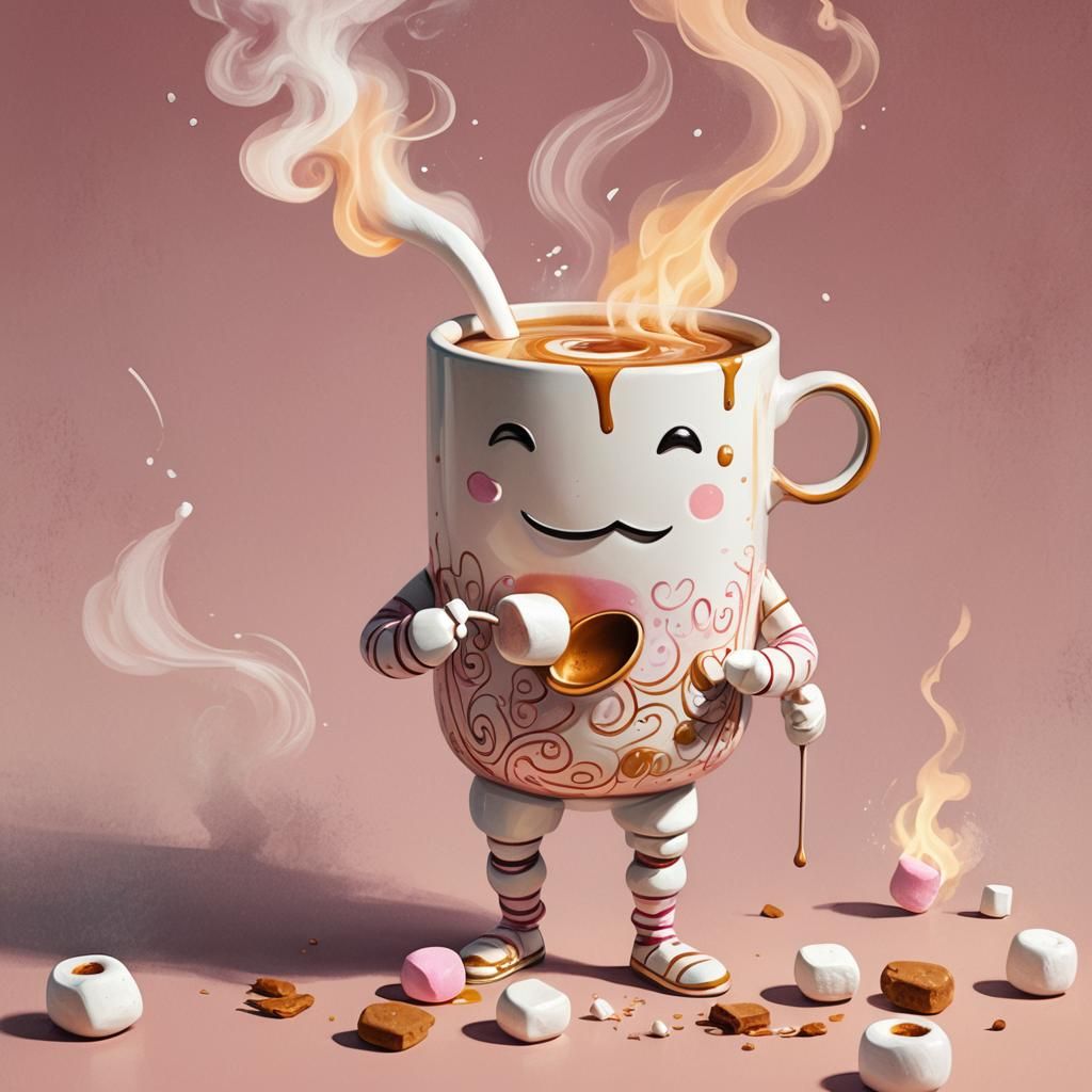A cup of tea. Eating a marshmallow.