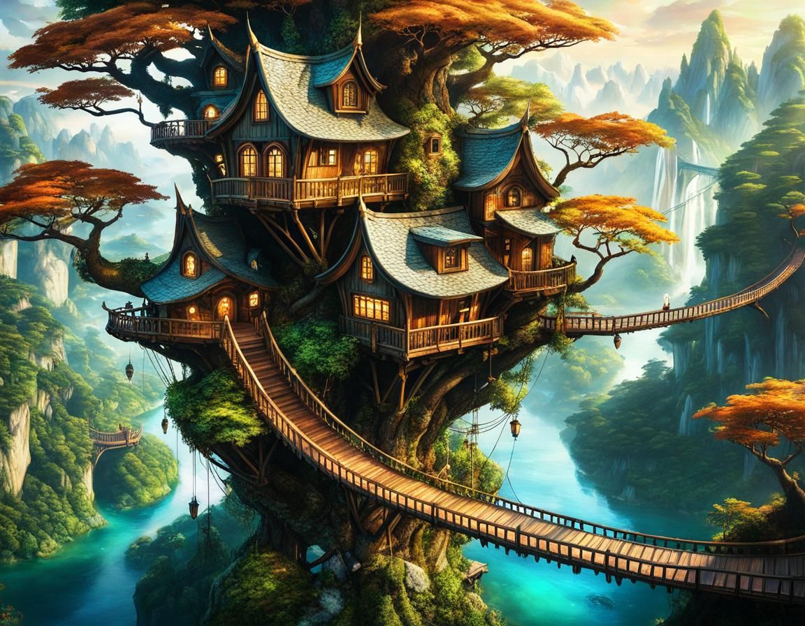Treehouse connected by suspension bridge