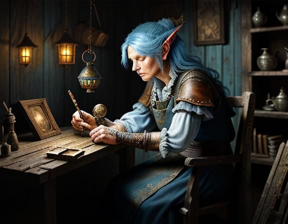 a female gnome repairing an automaton at a workbench. a mast...