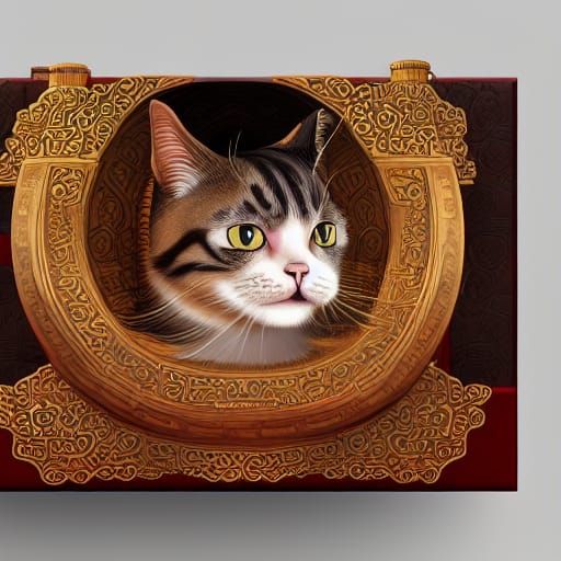 Cat in a Box in Chinese Watercolor Style