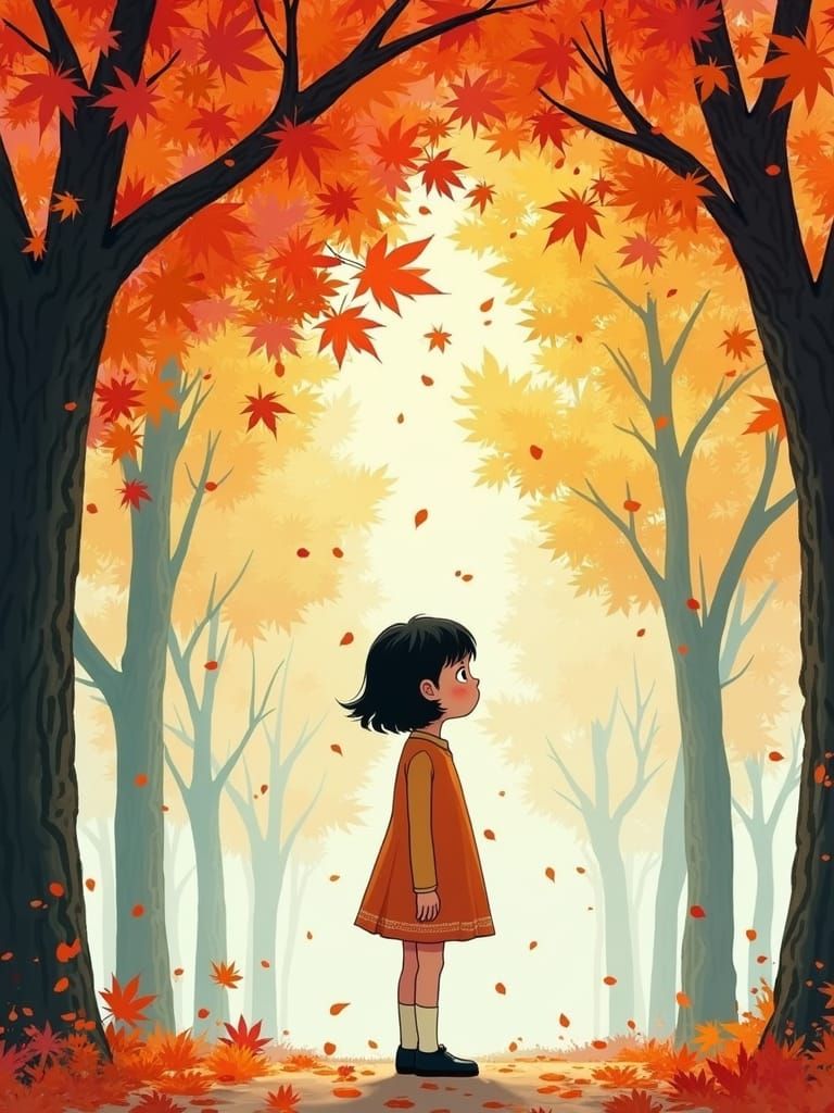 Girl Catches Autumn Rain in Manga Style