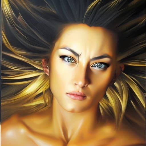 realistic beautiful female super saiyan, style caravaggio