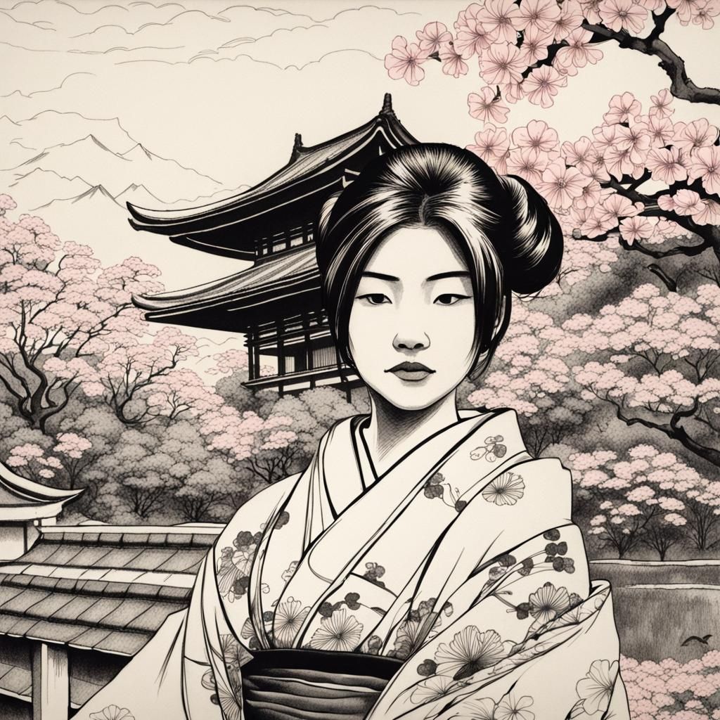 Japanese ink drawing: woman in kimono in mallow garden, cher...