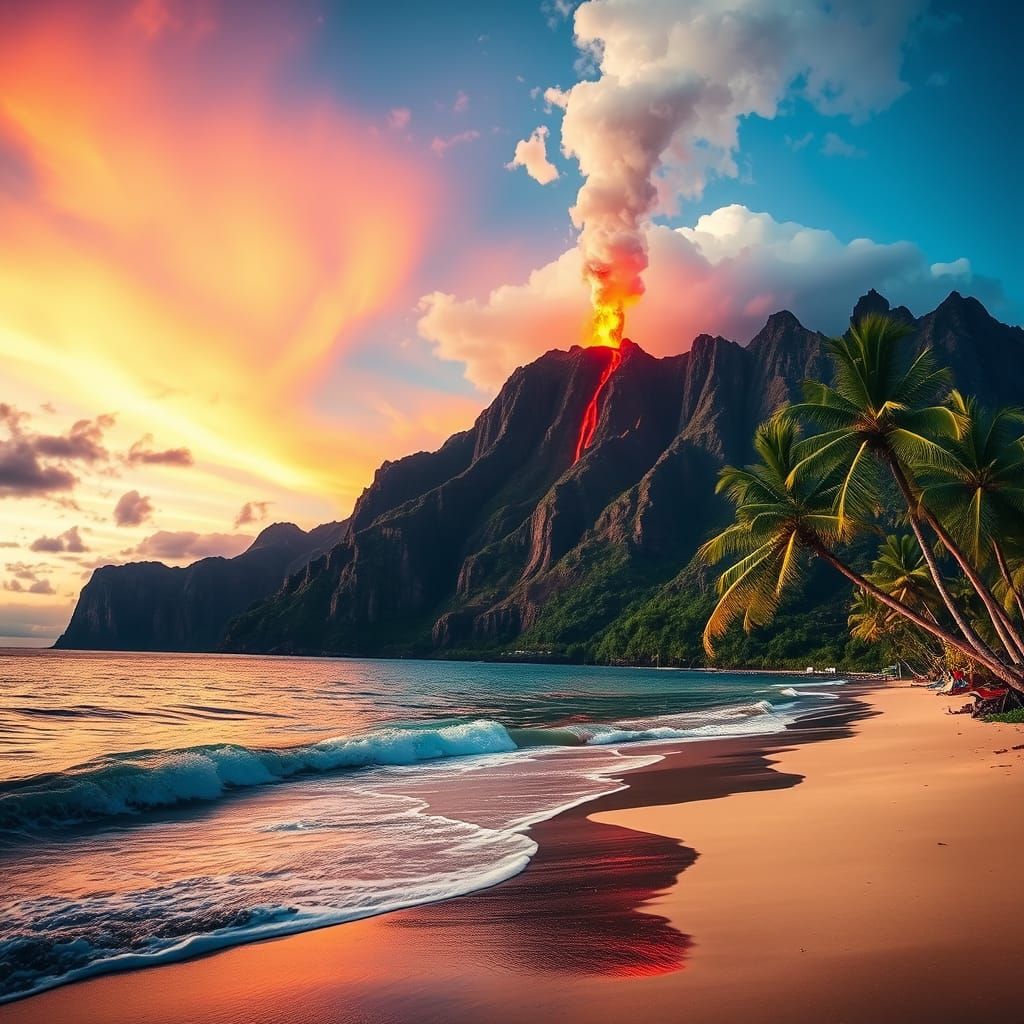 Hawaii, a volcano spewing lava, a tranquil tropical beach  by @Tilted25