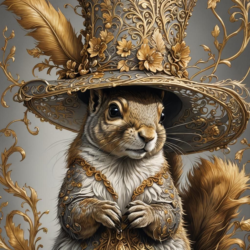 A majestic, oversized golden hat, on a squirrel.  by @Suz
