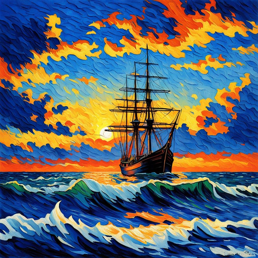 Ship Battling Stormy Seas Sunset Post-Impressionist Painting