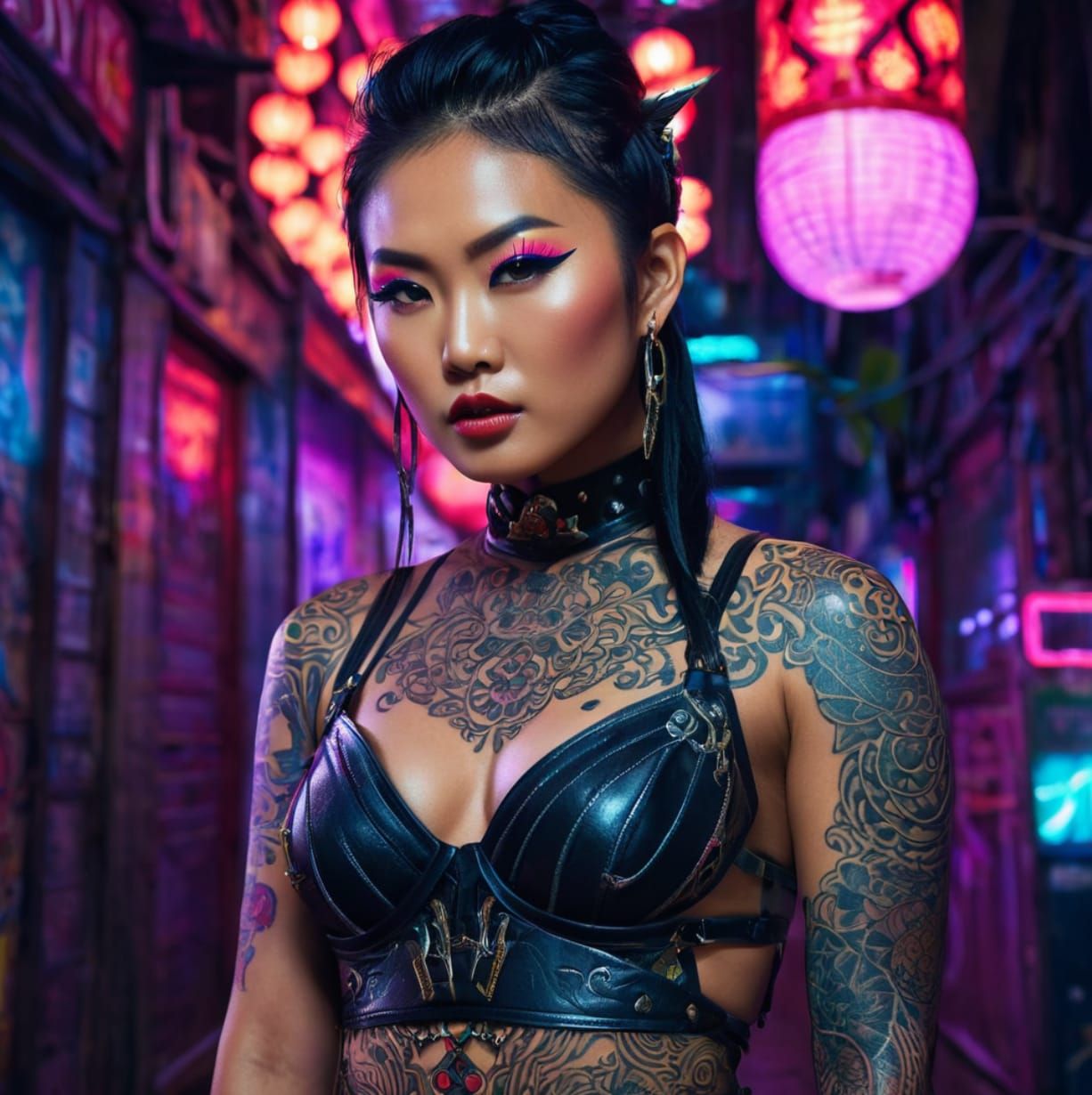 Neon Enigma: Tattooed Warrior in the Night