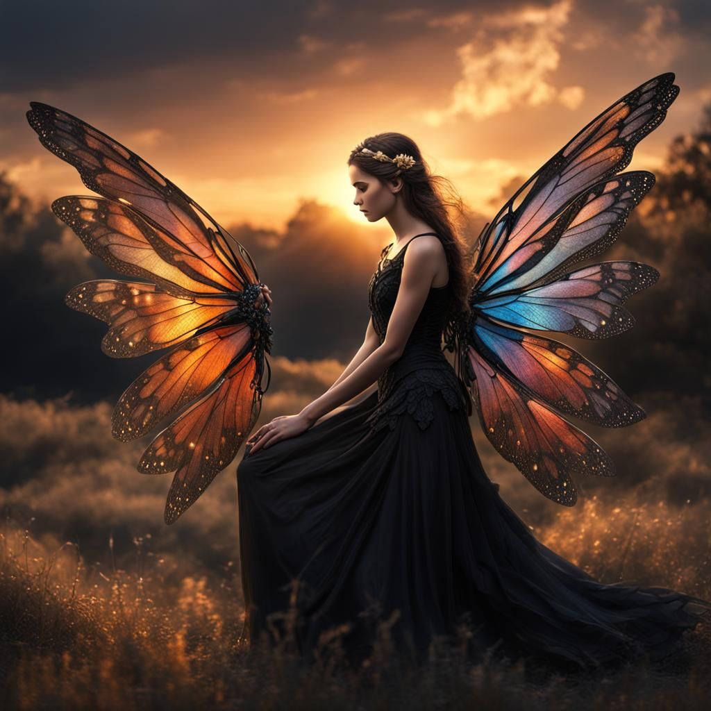A fairy with sunset colored wings and black dress