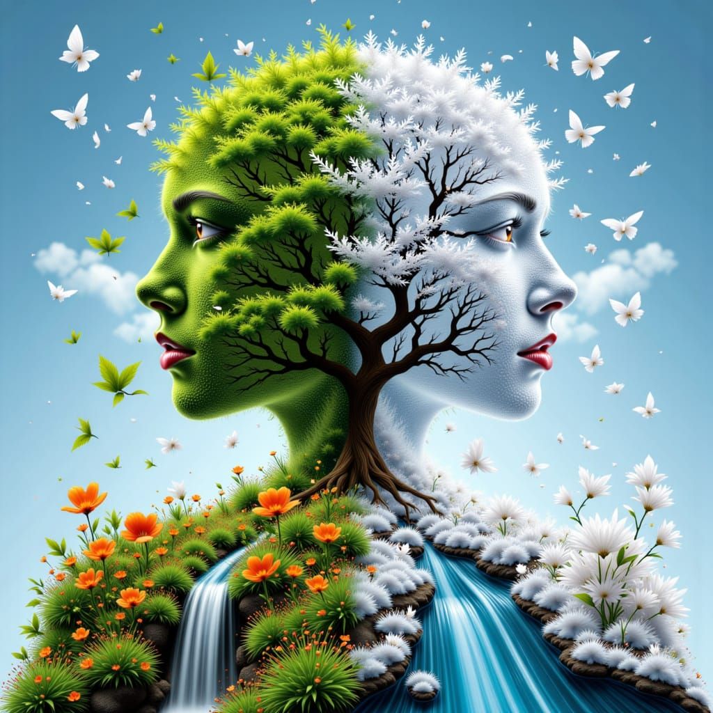 <lora:LS Double Exposure:1.0> A picturesque interweaving of 2 seasons, spring, winter, in the shape of Jing and Jang by Igor Morski