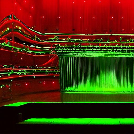 A stage floating on a glowing green ocean of music... - AI Art