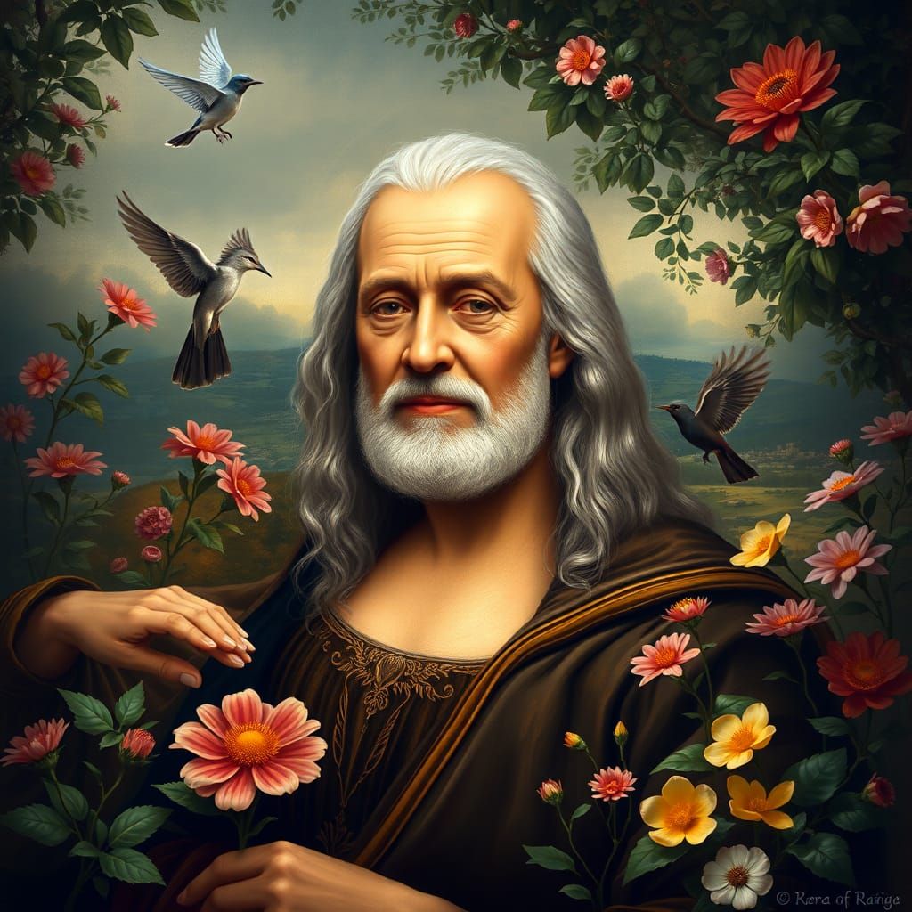Benevolent Leader in Lush Garden: Renaissance-Style Portrait