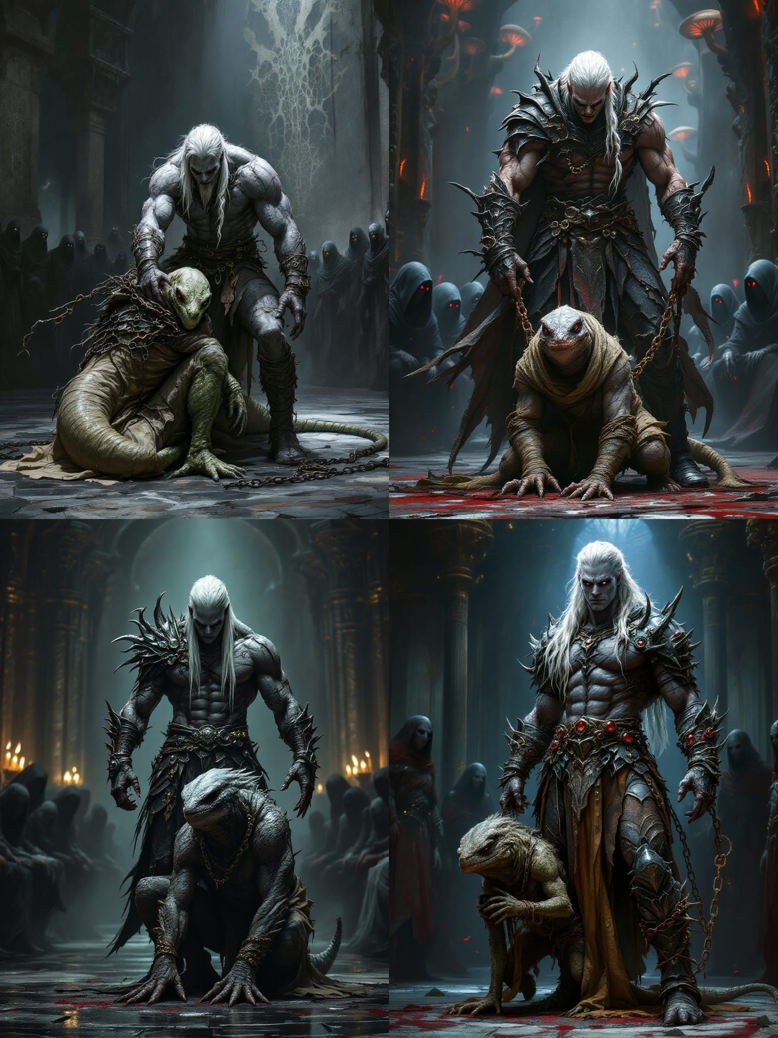 Drow Warrior Subjugates Argonian Servant in Throne Room