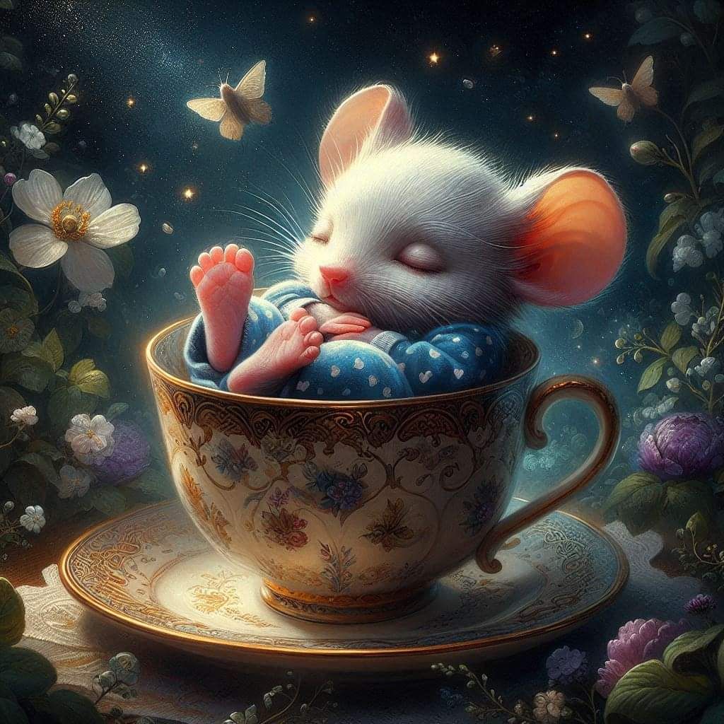 Mouse sleeping in a teacup  by @Elly 
