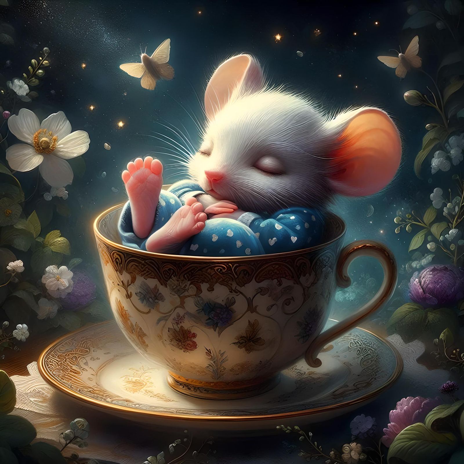 Mouse sleeping in a teacup