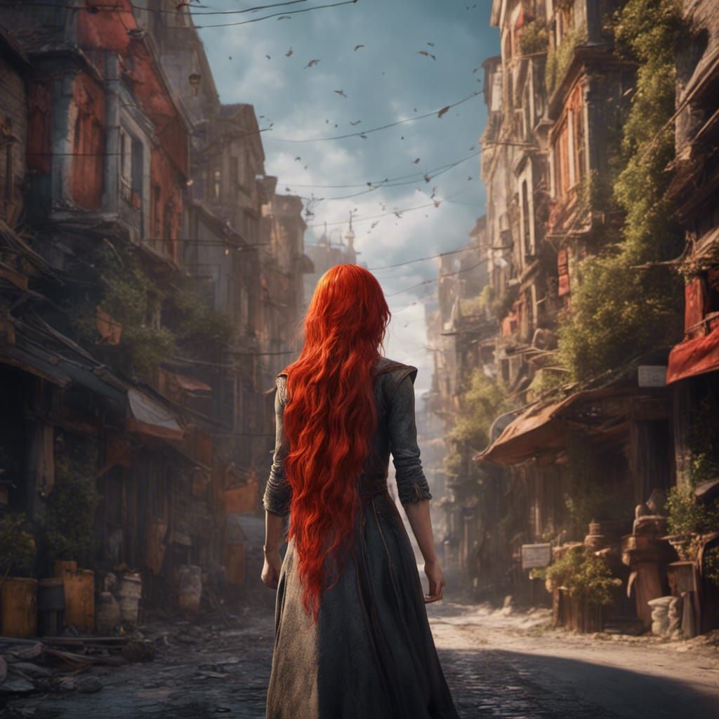 A girl with long scarlet hair from the back on the street