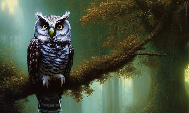 cute owl in rainbow tree horror Gustave Doré Greg Rutkowski