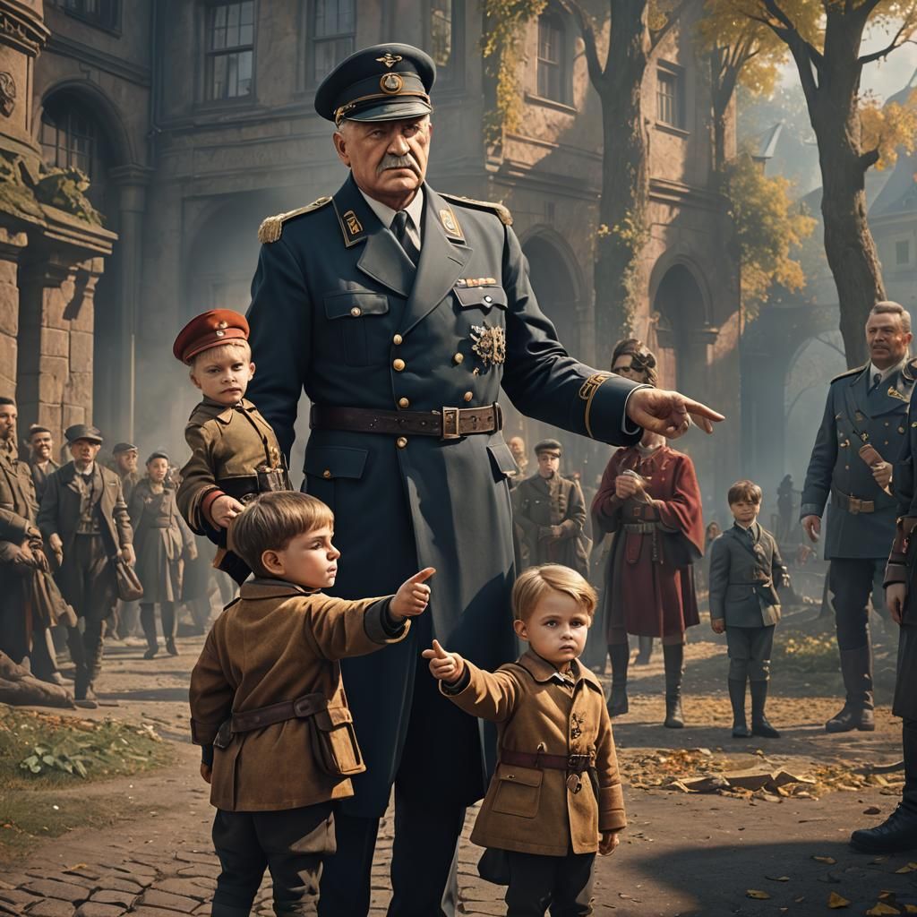 German dictator with his hand on a child's arm while the child is pointing at a person