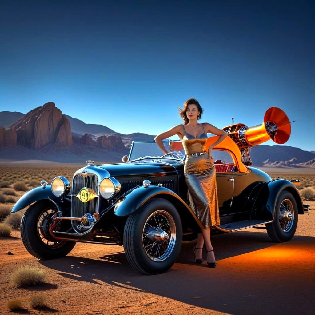Surreal Antique Car with Elegant Lady, Photorealistic