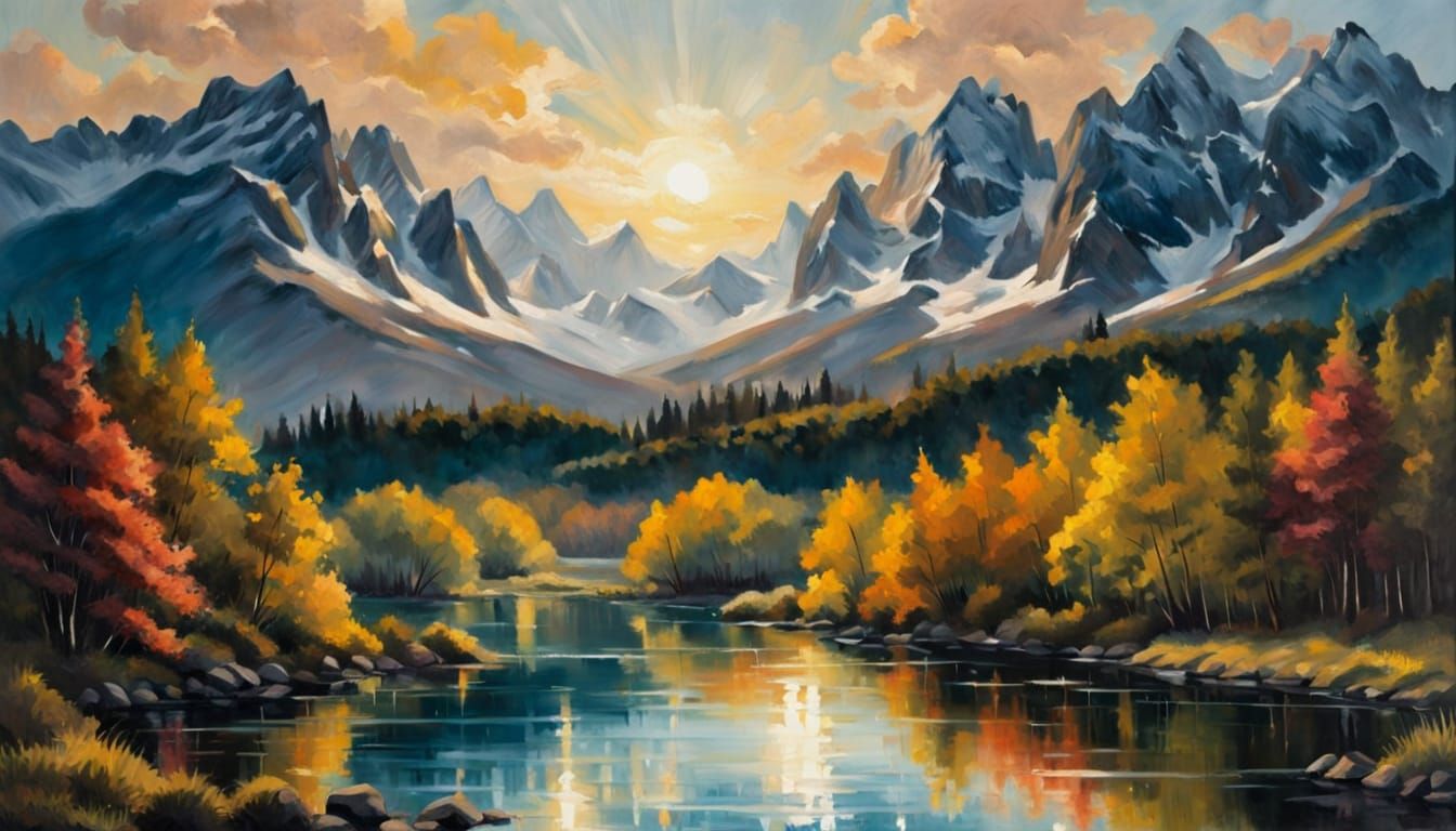 Mountain Lake Sunset in Oil Painting Style