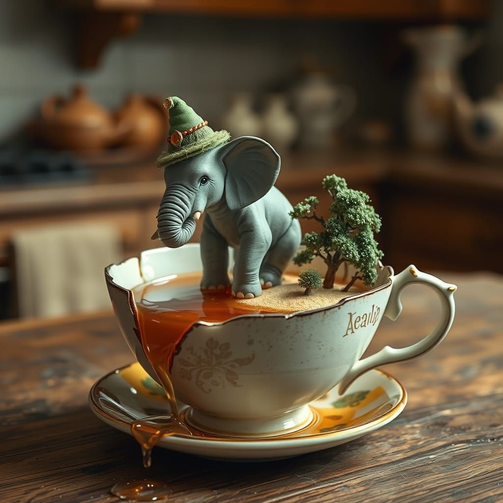 Macro photography of an enchanter miniature elephant floating in a teacup. The cup is missing one side, causing the tea to spill out. A mini...