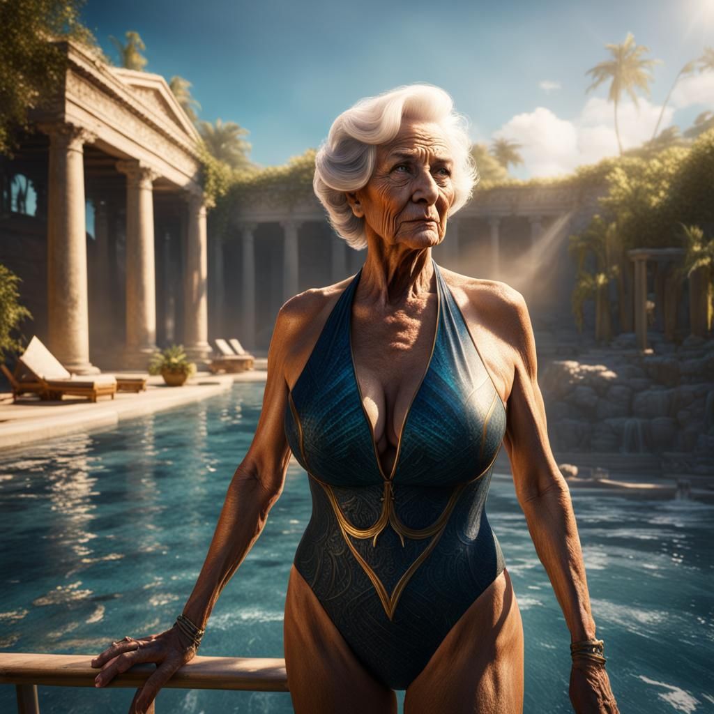 standing gorgeous older woman in the swimming suit, sunlight, Sfumato,  epic, cinematic, dramatic, Sfumato - AI Generated Artwork - NightCafe  Creator