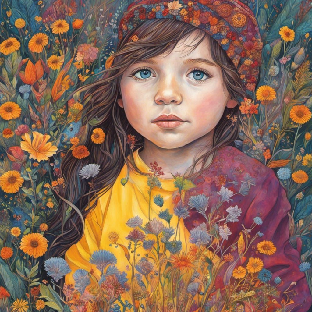 Hyperdetailed portrait of toddler siblings with autumn wildflowers, by ...