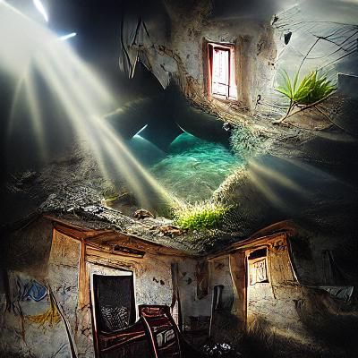 abandoned house inside a dimly lit underwater cave beautiful...