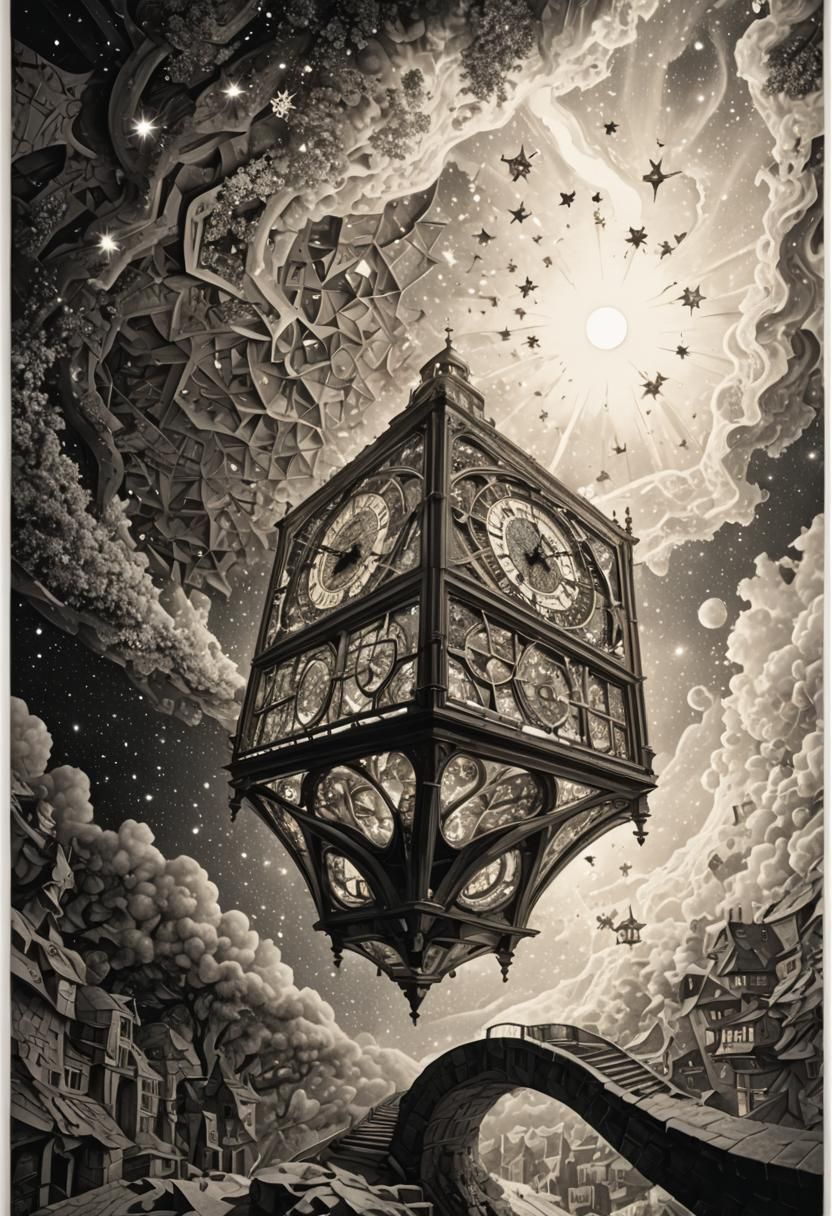 stunning creative hexagonal fractal dimensional clock tower and bright stars by M. C. Escher