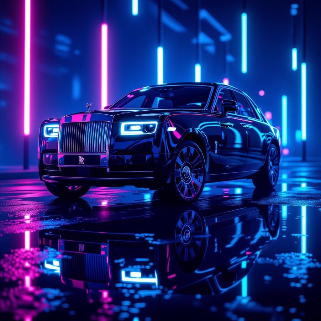 Black Rolls Royce Reflected in Neon Puddle