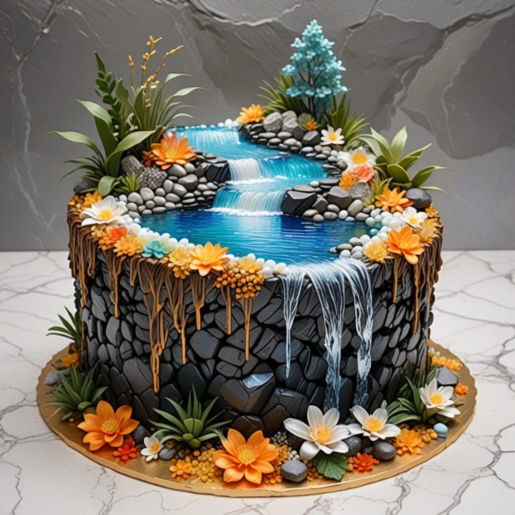 Intricate, shimmering, crystal, opalescent, floral, rocky, mountainous waterfall cake in a rocky, natural ...  by @DW