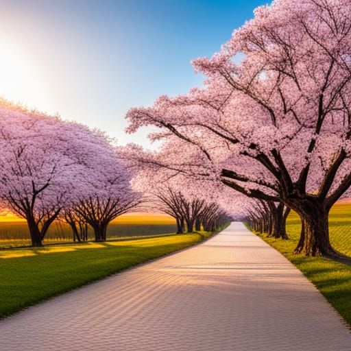 close up with cherry blossoms, on a cherry tree, sunset, the trees ...