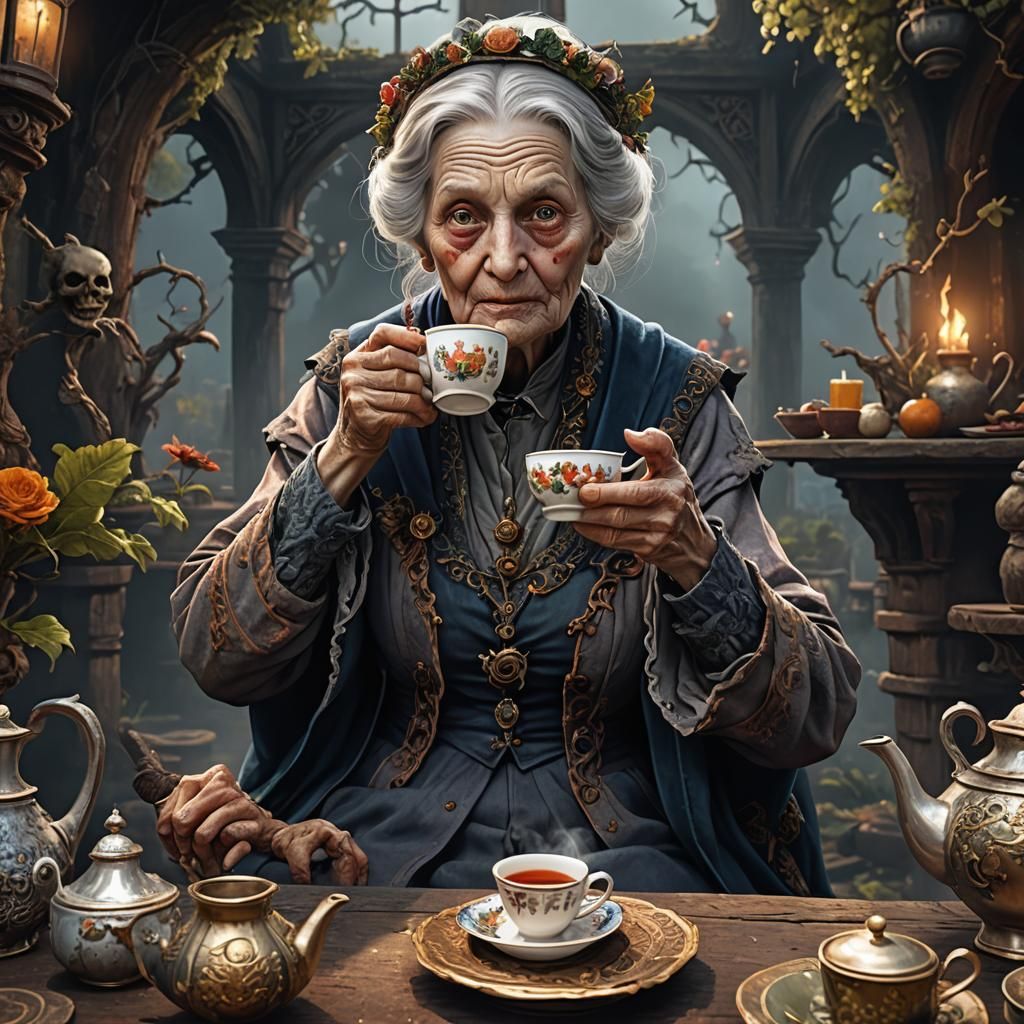 A creepy old lady holding a cup of tea - AI Generated Artwork ...