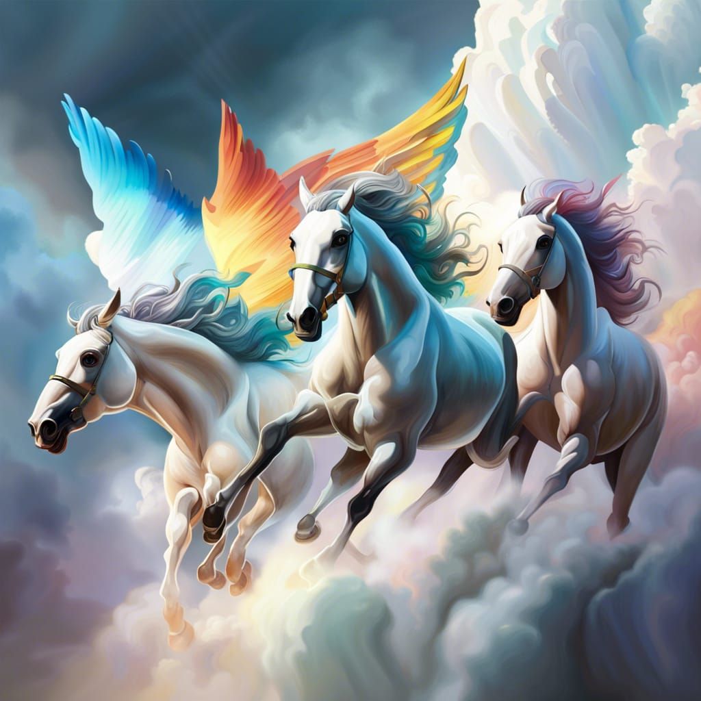 Pegasus race Show winged horses racing through the clouds AI