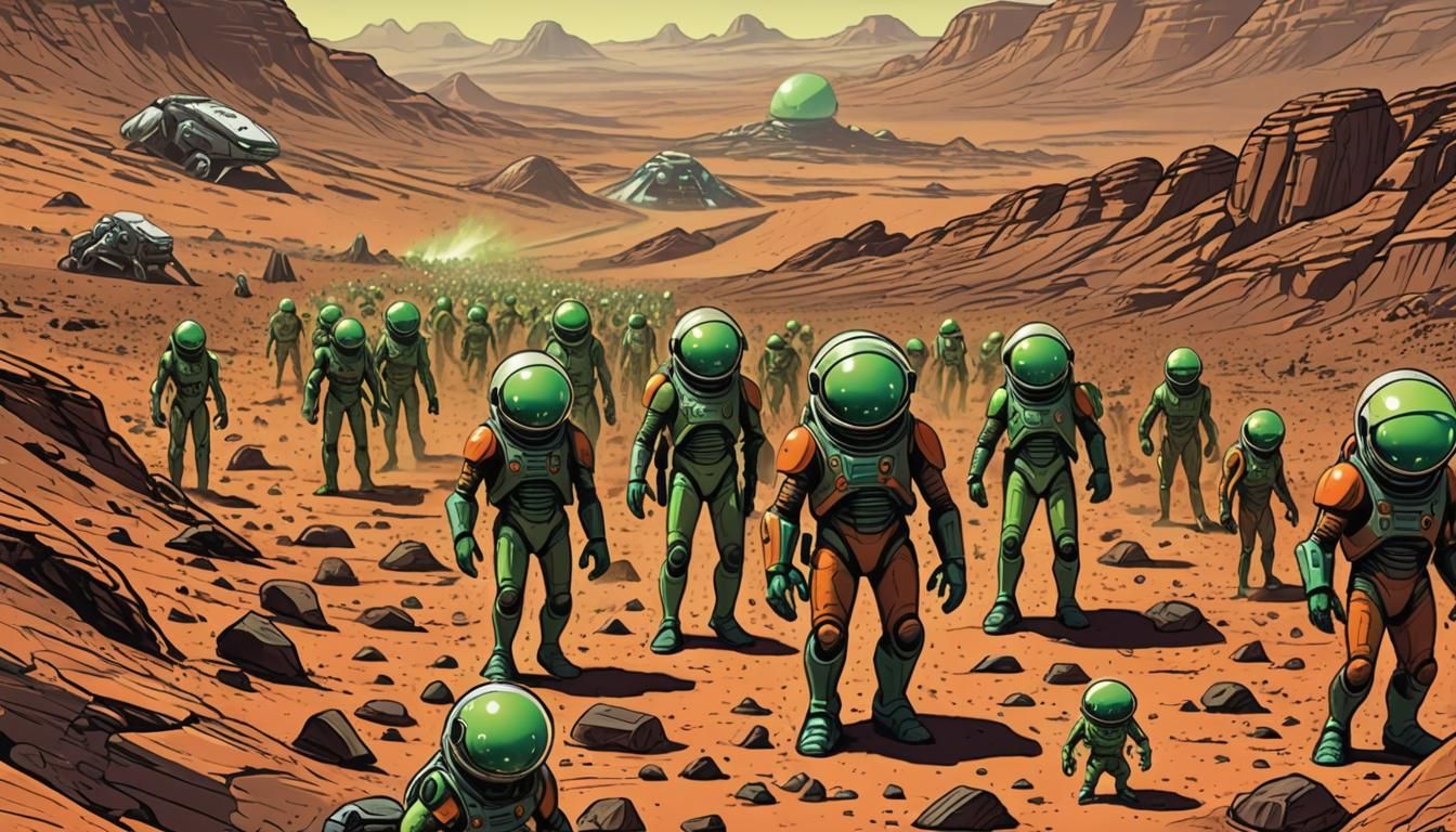 a cartoon of a convention of different green and orange alie...