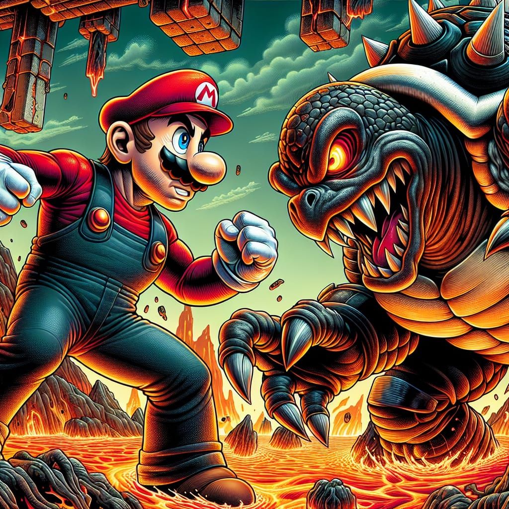 Mario battling King Koopa - AI Generated Artwork - NightCafe Creator