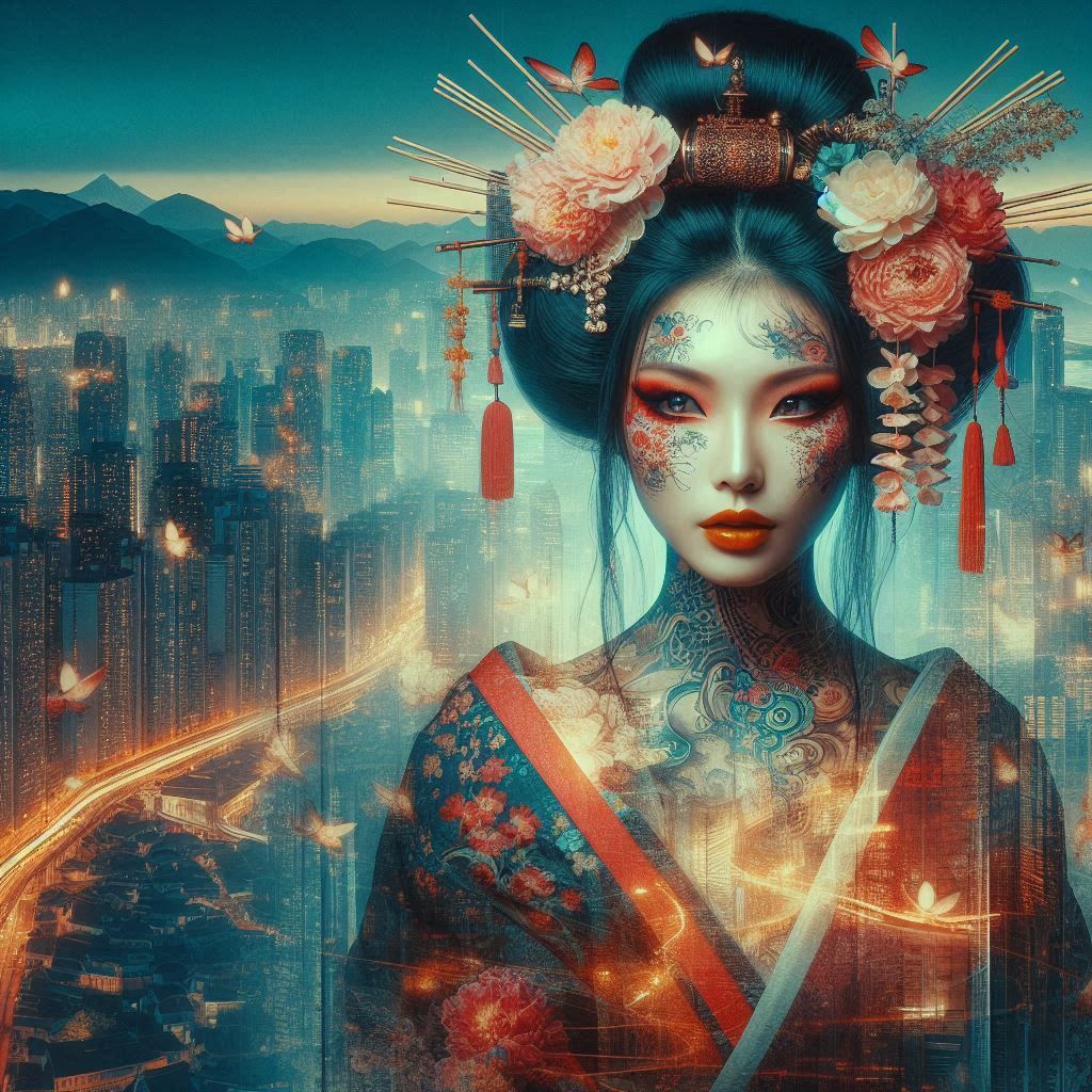 double exposure beautiful fantasy DALL-E 3 portrait landscap...