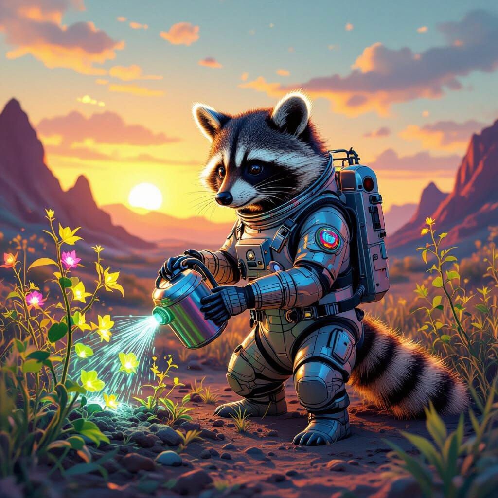 Imagine a mischievous raccoon, clad in a miniature spacesuit, carefully tending to a garden of luminous, otherworldly flora on the surface o...