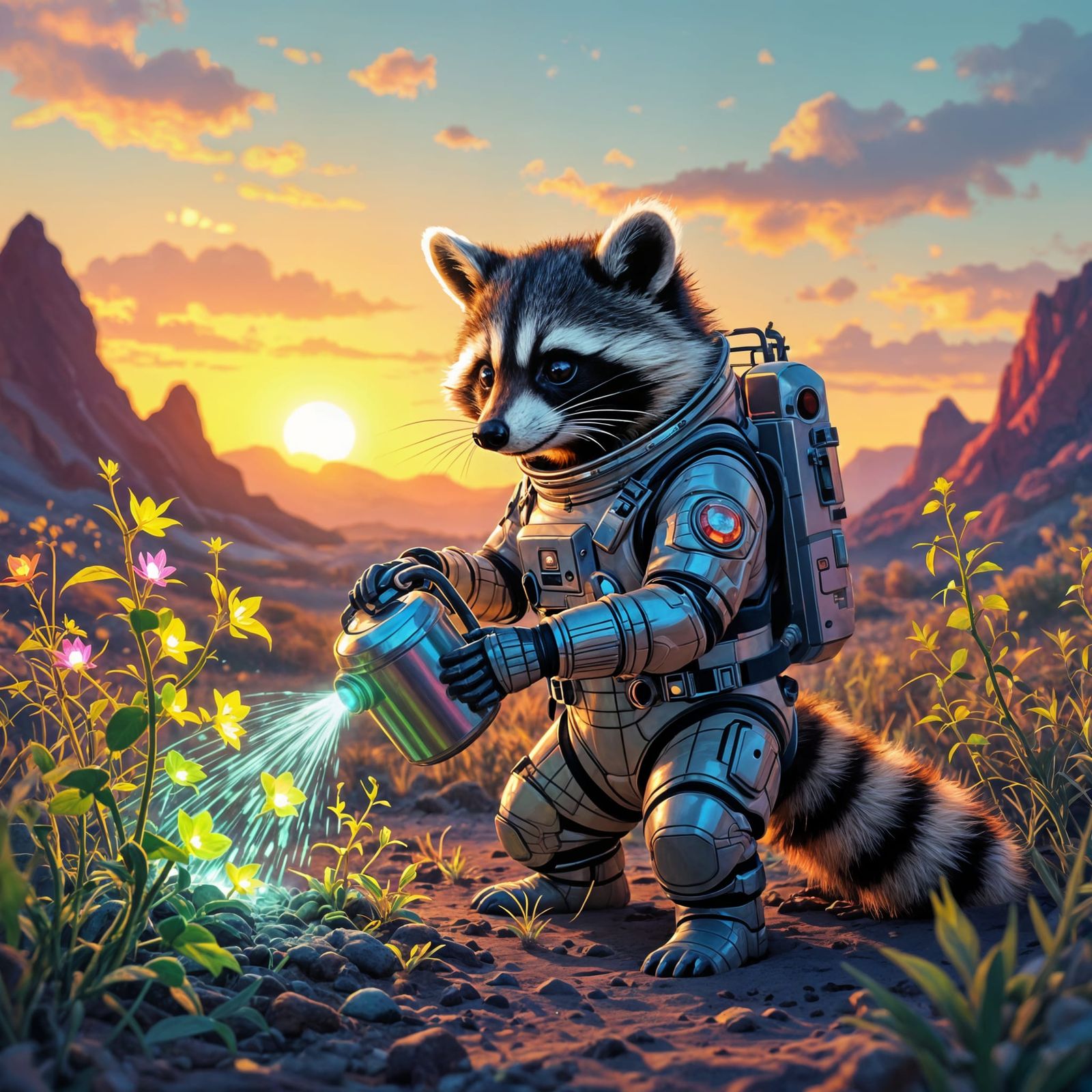 Imagine a mischievous raccoon, clad in a miniature spacesuit, carefully tending to a garden of luminous, ...  by @MovieStarBiz