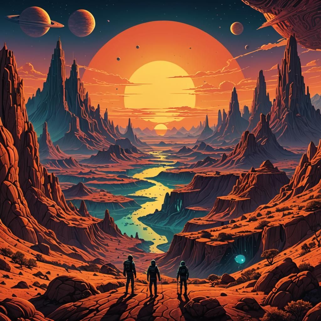 Sunset on an alien world in the style of Hugo Gernsback