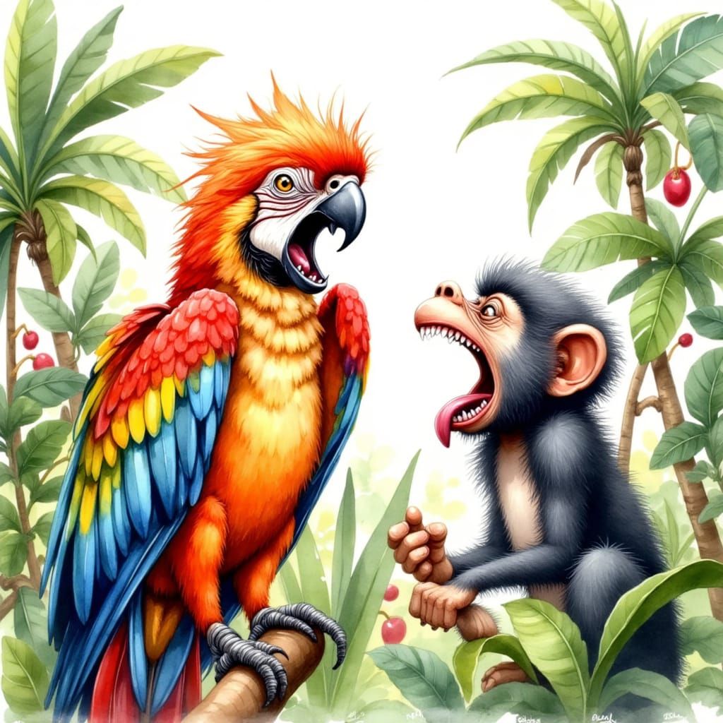 <lora:Whimsical Watercolor:1.0> A whimsical watercolor of an angry fluffy colorful parrot in the jungle. Yelling at a funny monkey laughing ...