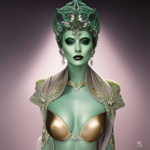 Full Body Noir painting of a beautiful pale green Alien Woma...