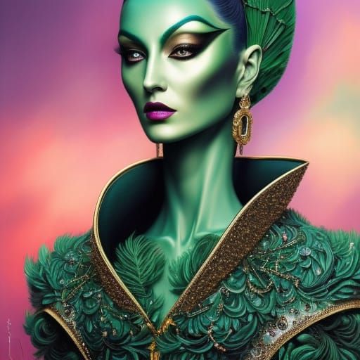 Full Body Noir painting of a beautiful pale green Alien Woma...