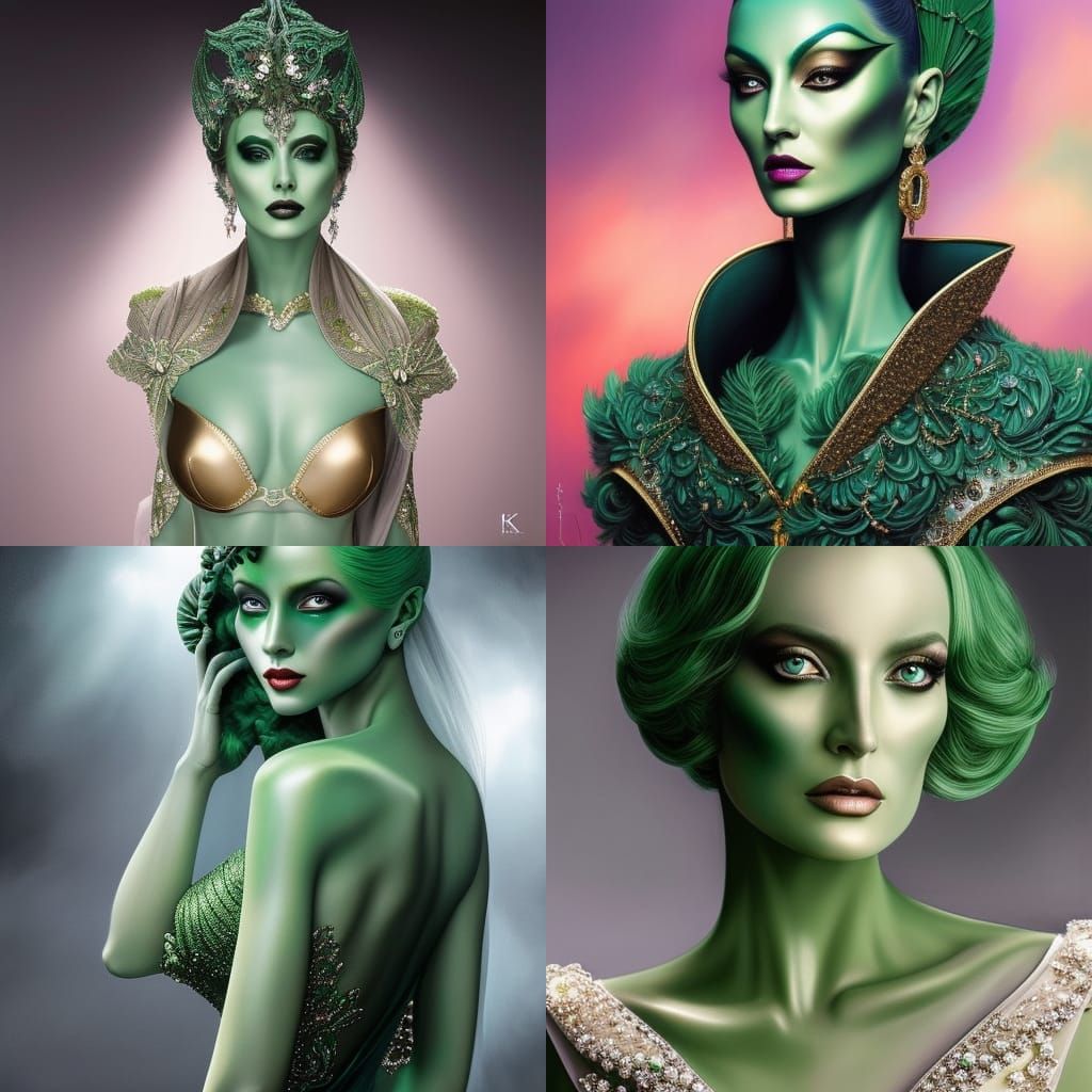 Full Body Noir painting of a beautiful pale green Alien Woma...