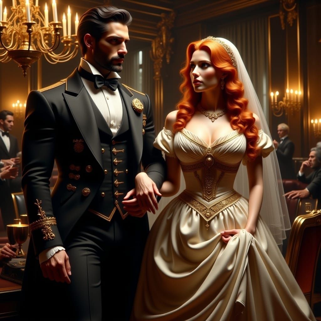 <lora:BookCover Flux:1.0> oil painting, beautiful, handsome, athletic lord of the 19th century in full attireholding the hand of a beautiful...