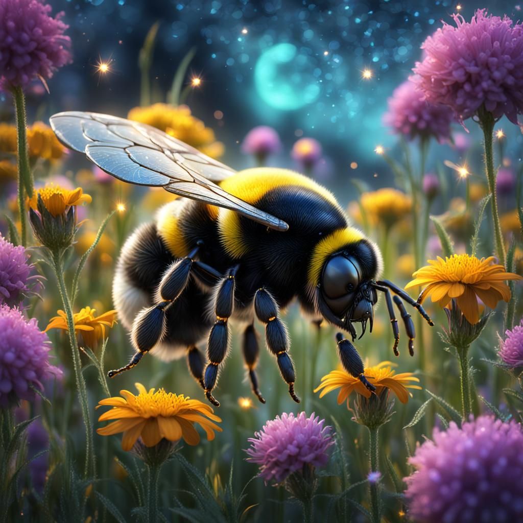 Insect bumblebee on a flower meadow, silver sparkles, glitte...