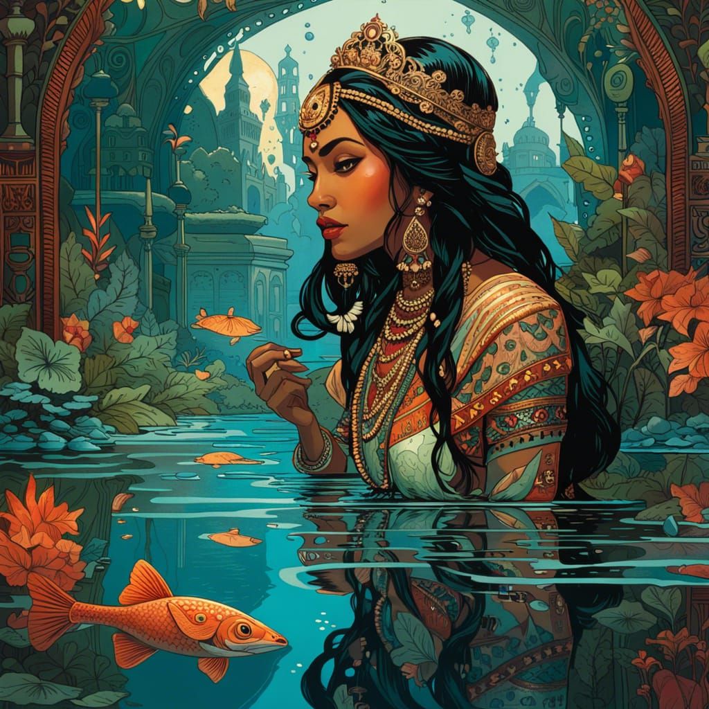 Ornate Indian Princess and Mirrored Reflection