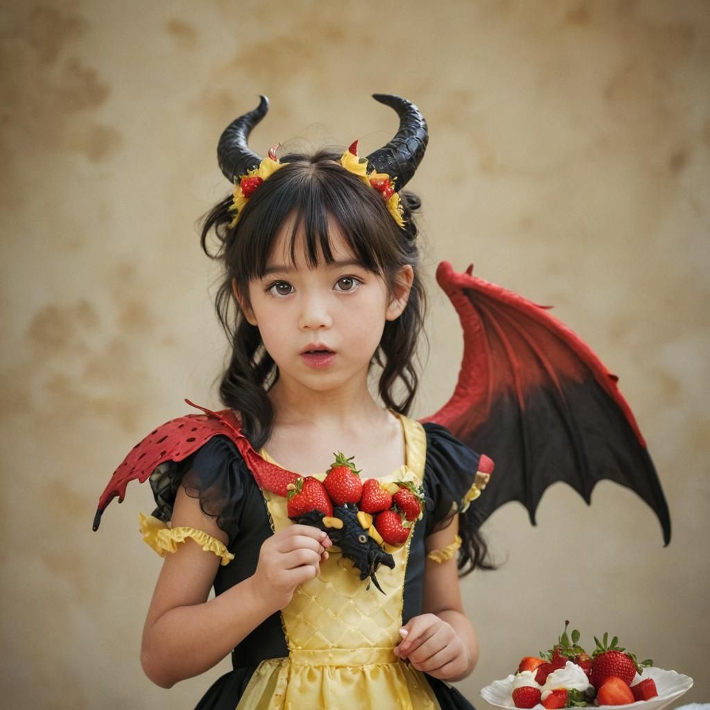 Niña Dragón de 5 años de cabello negro y ojos rojos con un v...
